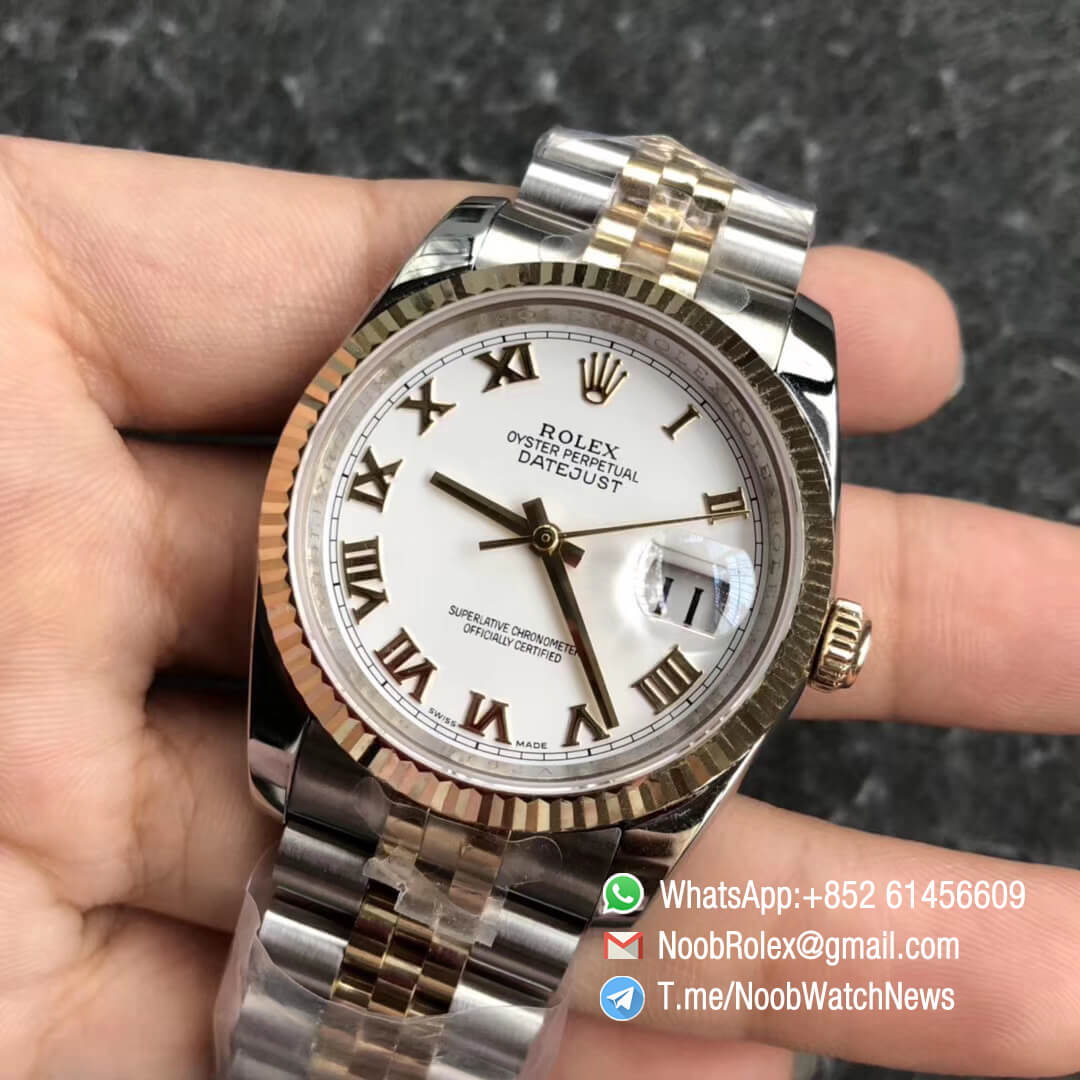 GMF Superclone DateJust 36mm 126234 14K Yellow Gold Bezel Oystersteel and 14K Yellow Gold Middel Link Jubilee Bracelet White Dial with Roman Indexes SA3235 03