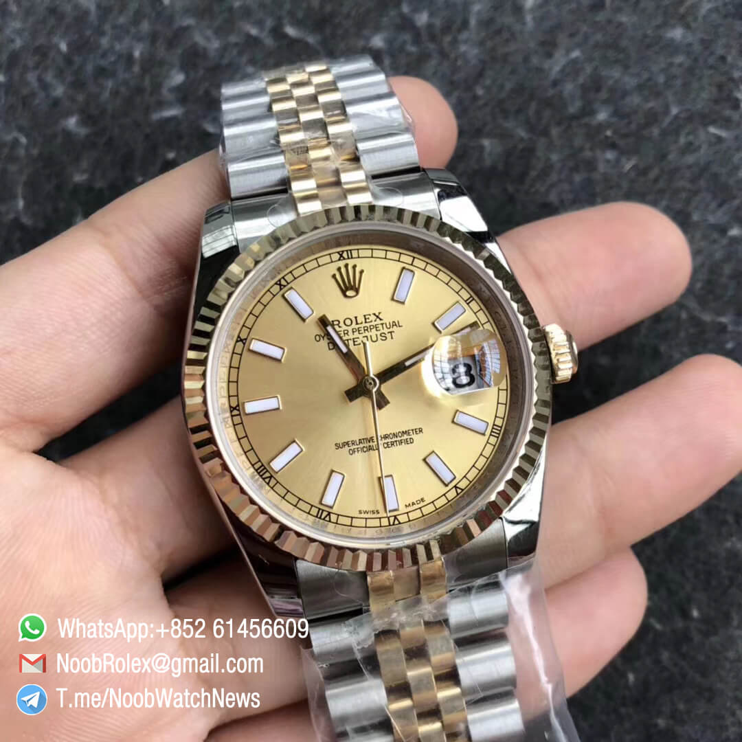 Noob Rolex DateJust 126234 36mm 904 Steel Case Yellow Gold Bezel Oystersteel and Yellow Gold Jubilee Bracelet Gold Dial with Stick Indexes SA3235 GMF Best Quality 02