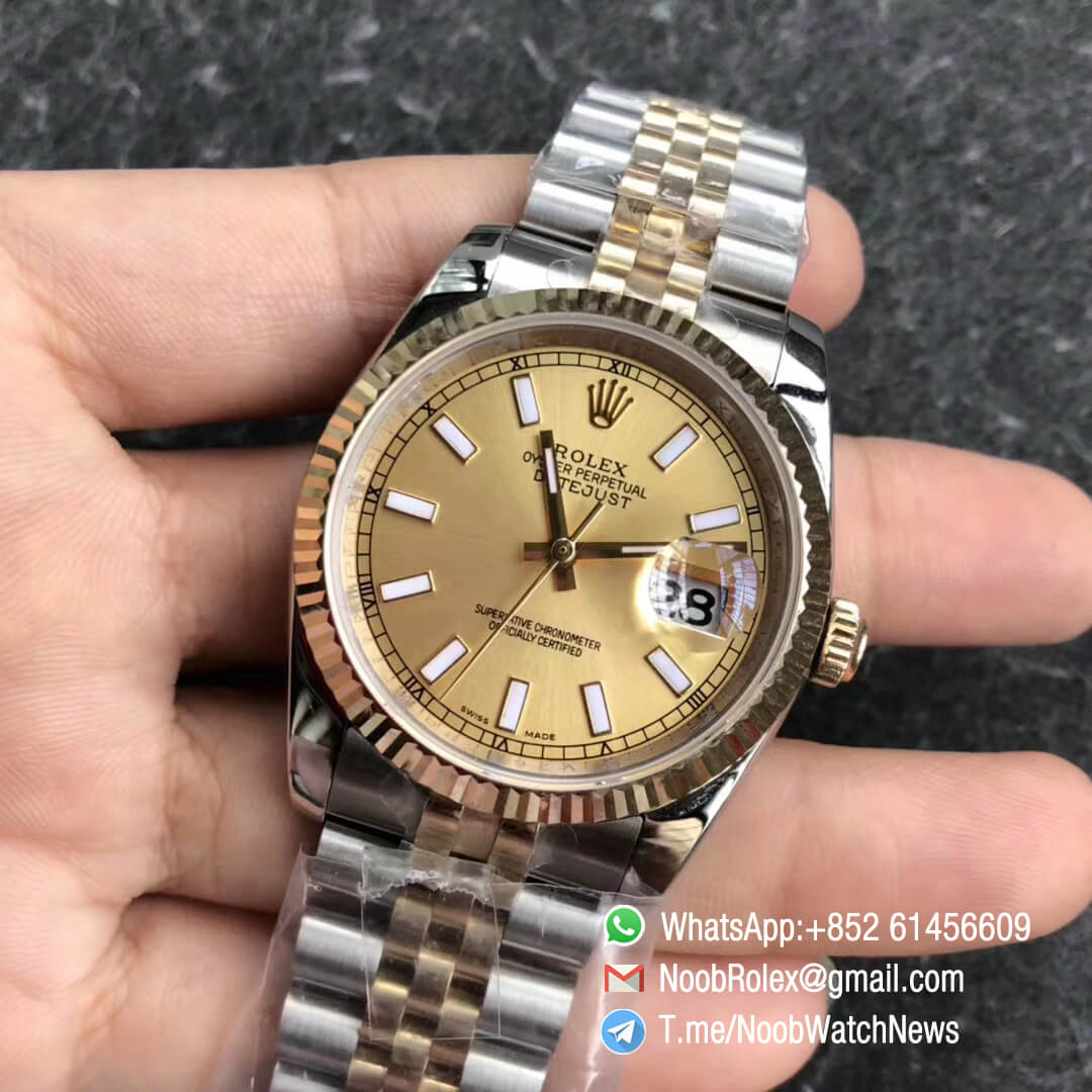 Noob Rolex DateJust 126234 36mm 904 Steel Case Yellow Gold Bezel Oystersteel and Yellow Gold Jubilee Bracelet Gold Dial with Stick Indexes SA3235 GMF Best Quality 03