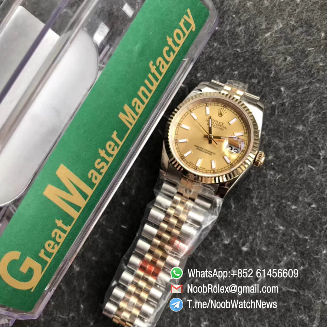 Noob Rolex DateJust 126234 36mm 904 Steel Case Yellow Gold Bezel Oystersteel and Yellow Gold Jubilee Bracelet Gold Dial with Stick Indexes SA3235 GMF Best Quality 09