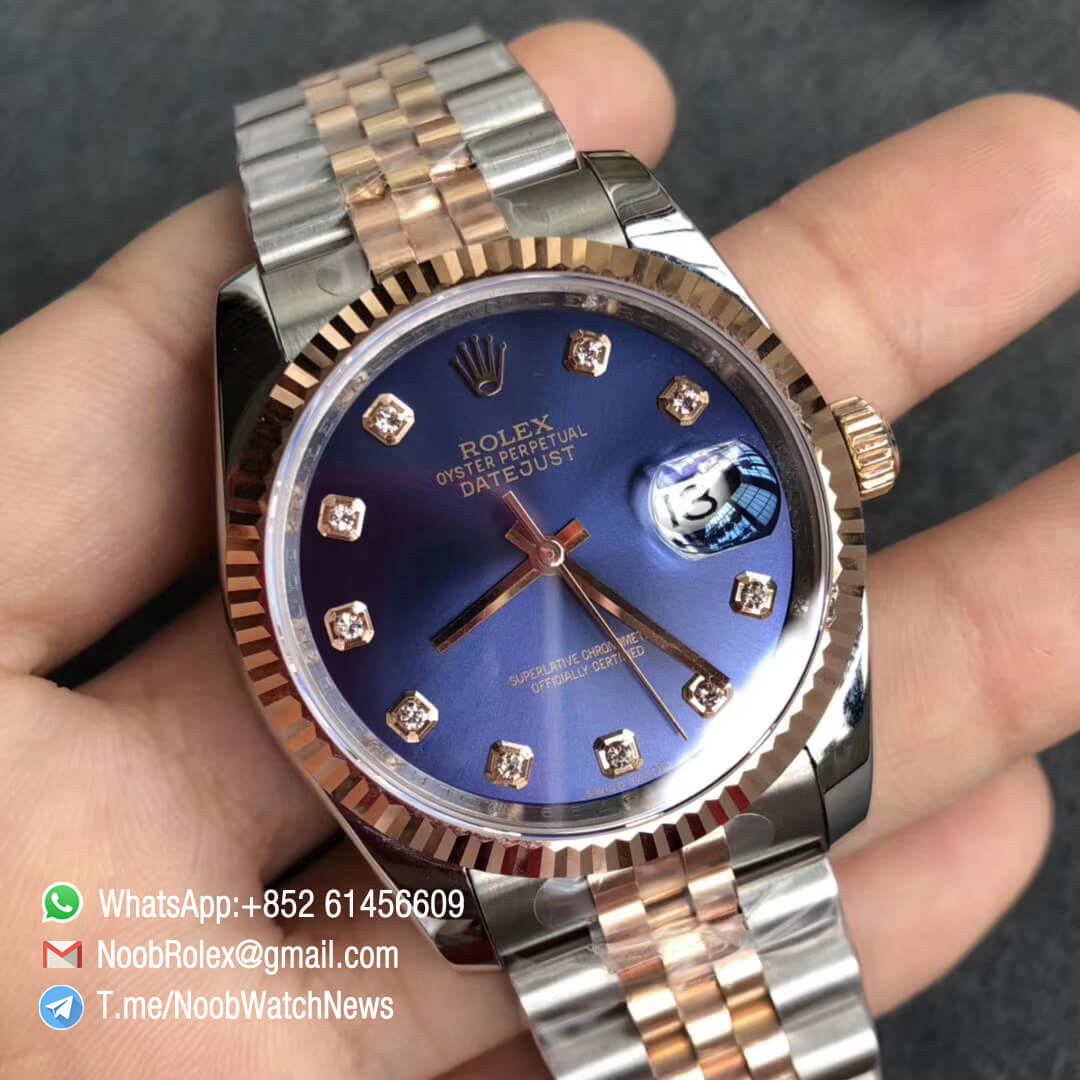 Noob Rolex DateJust 36 126233 Two Tone 904L Steel 14K Rose Gold Wrapped Jubilee Bracelet Blue Dial Diamonds Index SA3235 GMF Top Replica 02