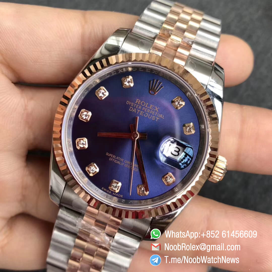 Noob Rolex DateJust 36 126233 Two Tone 904L Steel 14K Rose Gold Wrapped Jubilee Bracelet Blue Dial Diamonds Index SA3235 GMF Top Replica 03