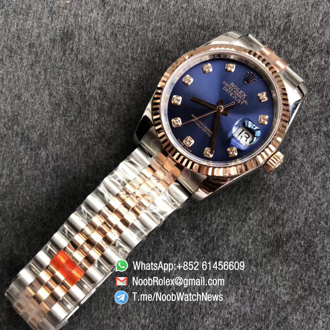 Noob Rolex DateJust 36 126233 Two Tone 904L Steel 14K Rose Gold Wrapped Jubilee Bracelet Blue Dial Diamonds Index SA3235 GMF Top Replica 09