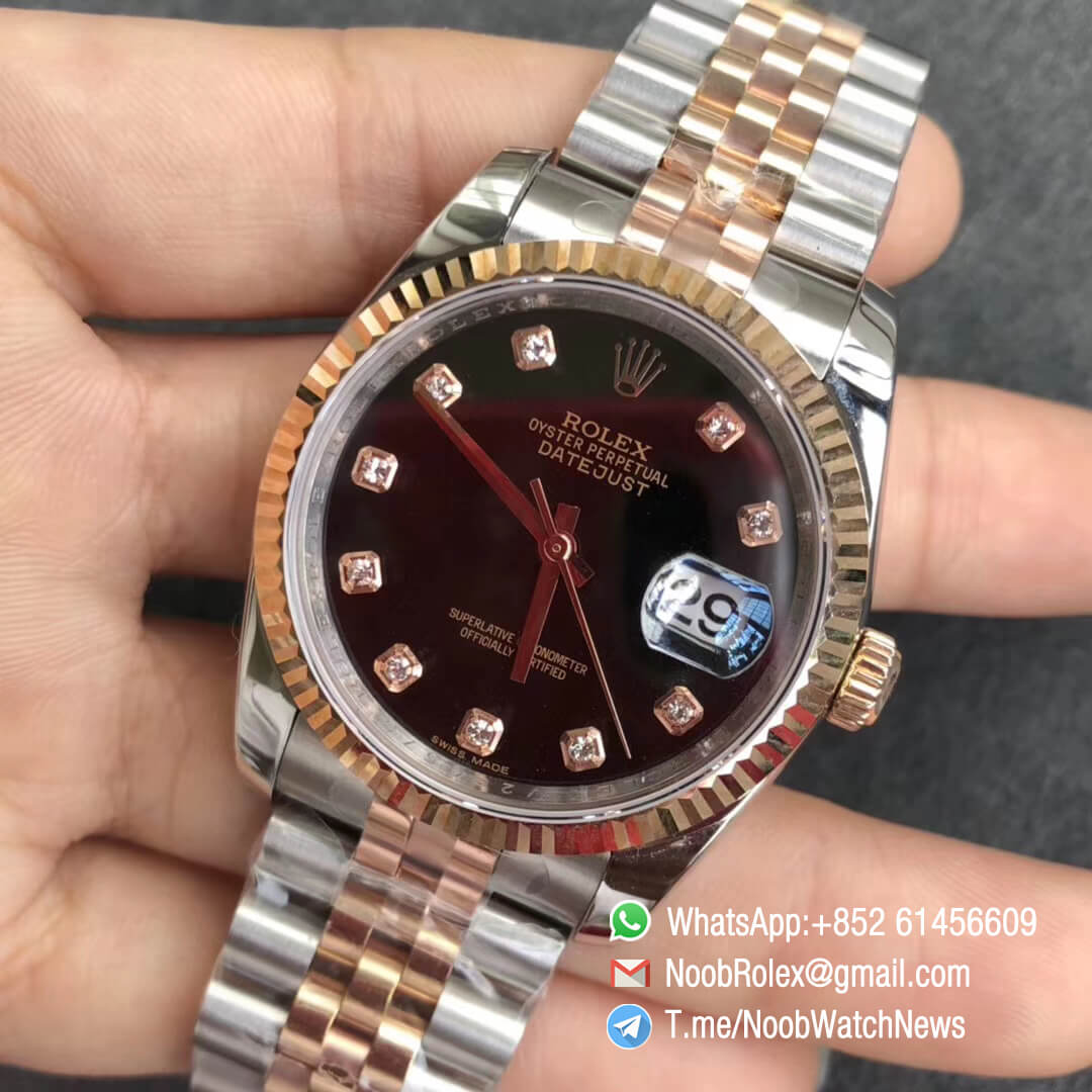 Noob Rolexes DateJust 36 126233 Two Tone 904L Steel 14K Rose Gold Wrapped Jubilee Bracelet Black Dial Diamonds Index SA3235 GMF Best Quality 03