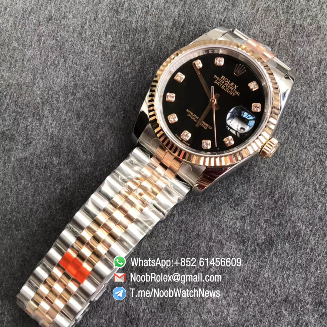 Noob Rolexes DateJust 36 126233 Two Tone 904L Steel 14K Rose Gold Wrapped Jubilee Bracelet Black Dial Diamonds Index SA3235 GMF Best Quality 04
