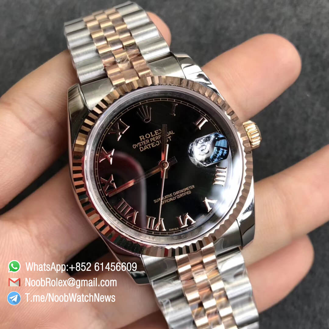 Noob Rolexes DateJust 36 126233 Two Tone 904L Steel 14K Rose Gold Wrapped Jubilee Bracelet Black Dial Roma Index SA3235 GMF Superclone 02