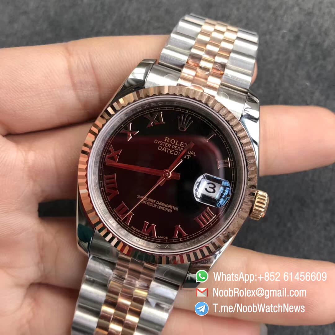 Noob Rolexes DateJust 36 126233 Two Tone 904L Steel 14K Rose Gold Wrapped Jubilee Bracelet Black Dial Roma Index SA3235 GMF Superclone 03
