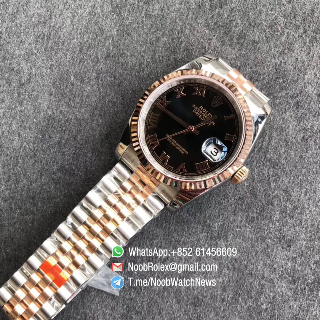 Noob Rolexes DateJust 36 126233 Two Tone 904L Steel 14K Rose Gold Wrapped Jubilee Bracelet Black Dial Roma Index SA3235 GMF Superclone 04