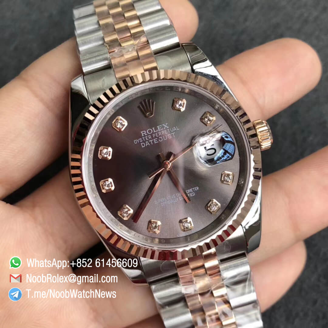 Noob Rolexes DateJust 36 126233 Two Tone 904L Steel 14K Rose Gold Wrapped Jubilee Bracelet Grey Dial Diamonds Index SA3235 GMF Best Quality 02
