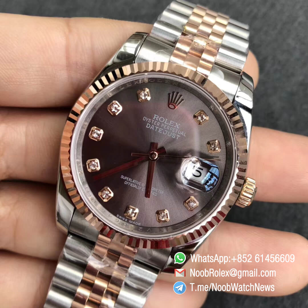 Noob Rolexes DateJust 36 126233 Two Tone 904L Steel 14K Rose Gold Wrapped Jubilee Bracelet Grey Dial Diamonds Index SA3235 GMF Best Quality 03