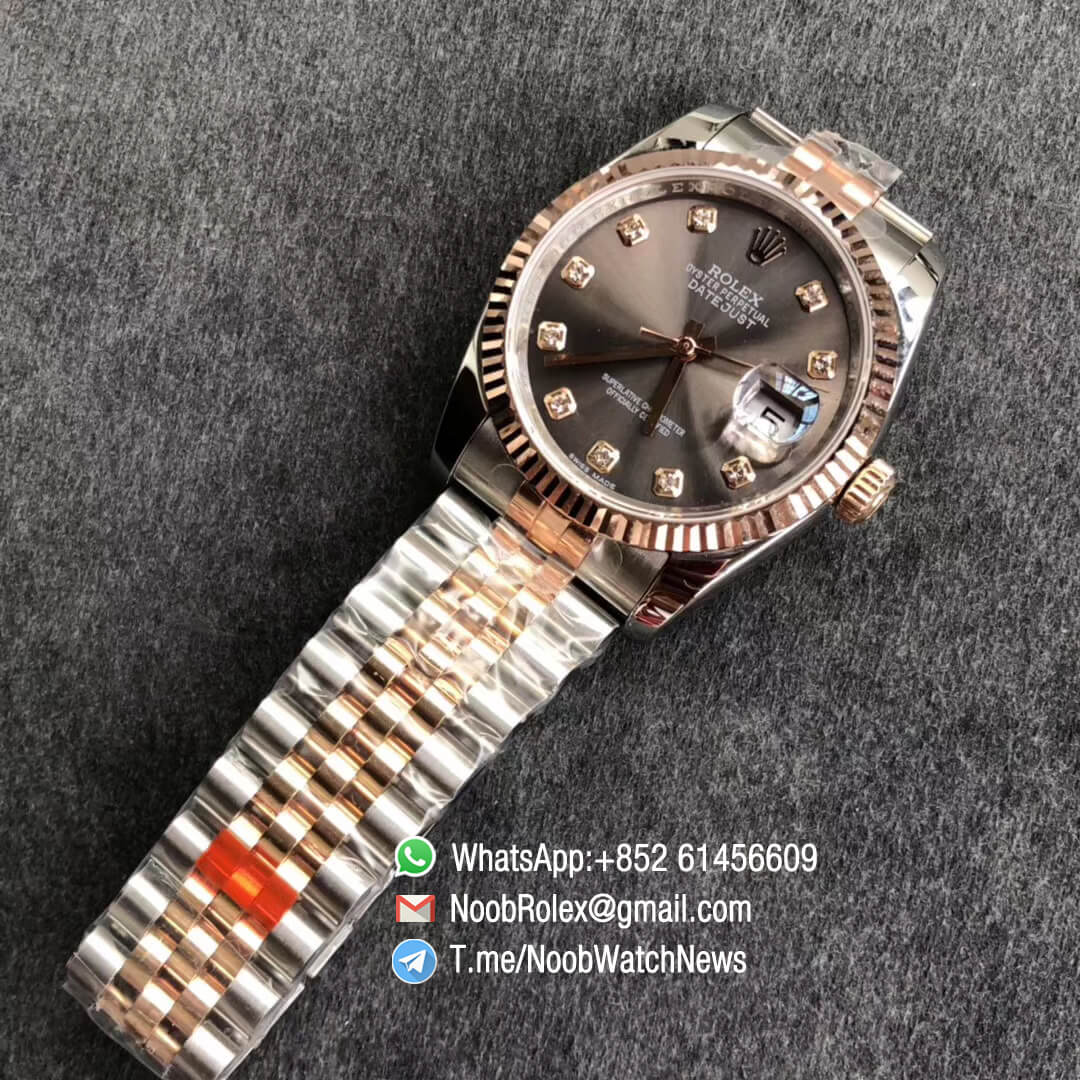 Noob Rolexes DateJust 36 126233 Two Tone 904L Steel 14K Rose Gold Wrapped Jubilee Bracelet Grey Dial Diamonds Index SA3235 GMF Best Quality 09