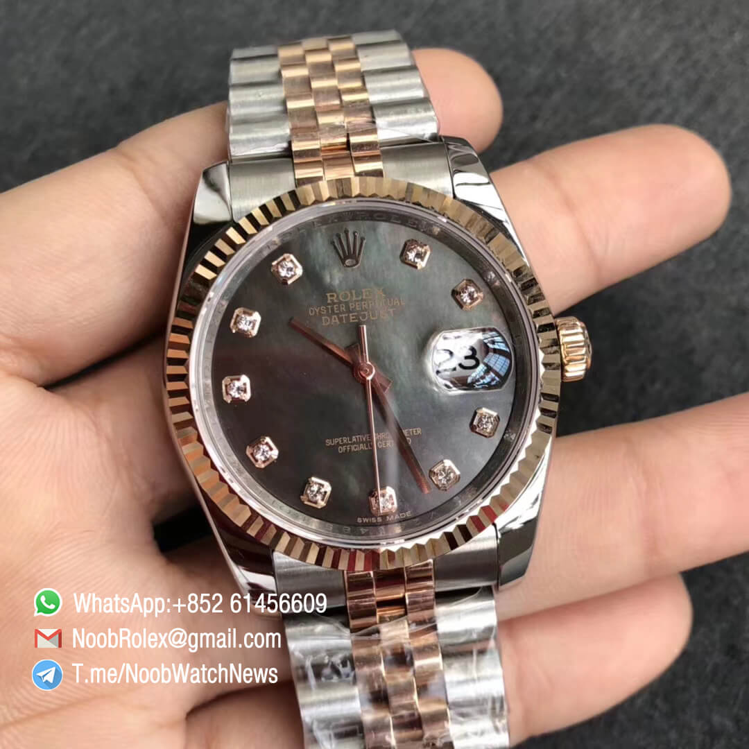 Noob Rolexes DateJust 36 126233 Two Tone 904L Steel 14K Rose Gold Wrapped Jubilee Bracelet Grey MOP Dial Diamonds Index SA3235 GMF Top Replica 01