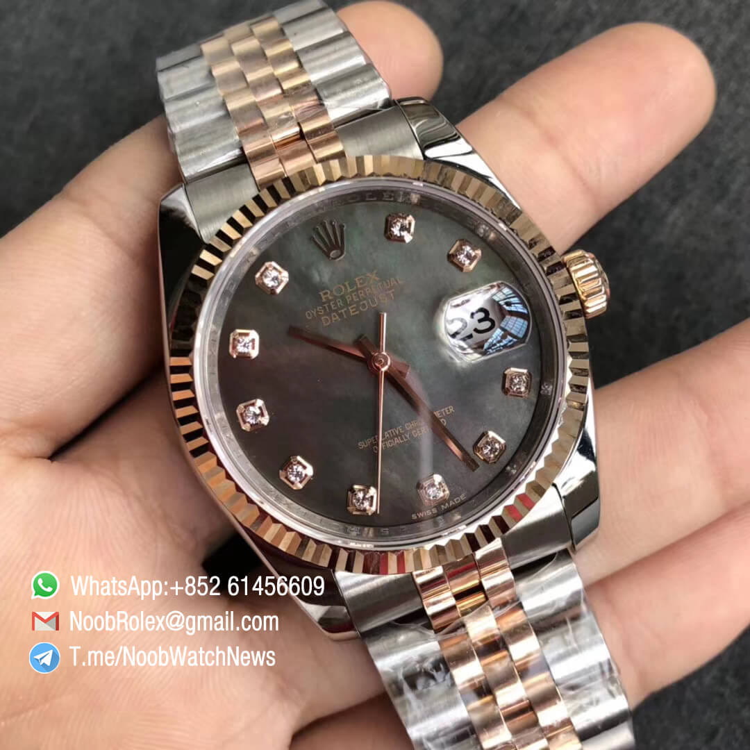 Noob Rolexes DateJust 36 126233 Two Tone 904L Steel 14K Rose Gold Wrapped Jubilee Bracelet Grey MOP Dial Diamonds Index SA3235 GMF Top Replica 02
