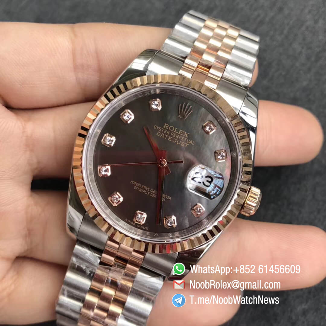 Noob Rolexes DateJust 36 126233 Two Tone 904L Steel 14K Rose Gold Wrapped Jubilee Bracelet Grey MOP Dial Diamonds Index SA3235 GMF Top Replica 03