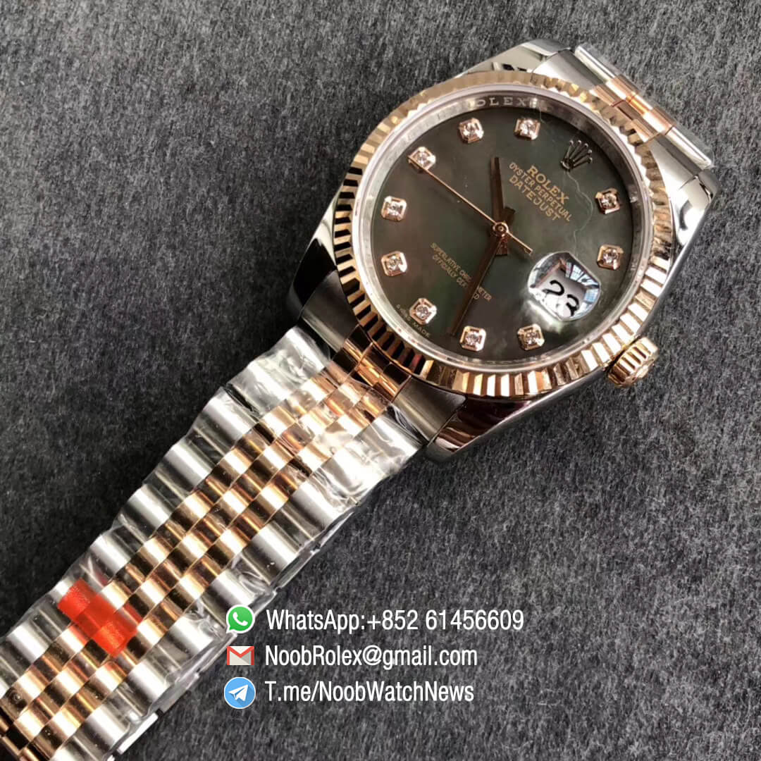 Noob Rolexes DateJust 36 126233 Two Tone 904L Steel 14K Rose Gold Wrapped Jubilee Bracelet Grey MOP Dial Diamonds Index SA3235 GMF Top Replica 04