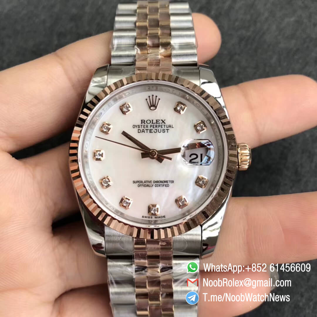 Noob Rolexes DateJust 36 126233 Two Tone 904L Steel 14K Rose Gold Wrapped Jubilee Bracelet MOP Dial Diamonds Index SA3235 GMF Top Replica 01