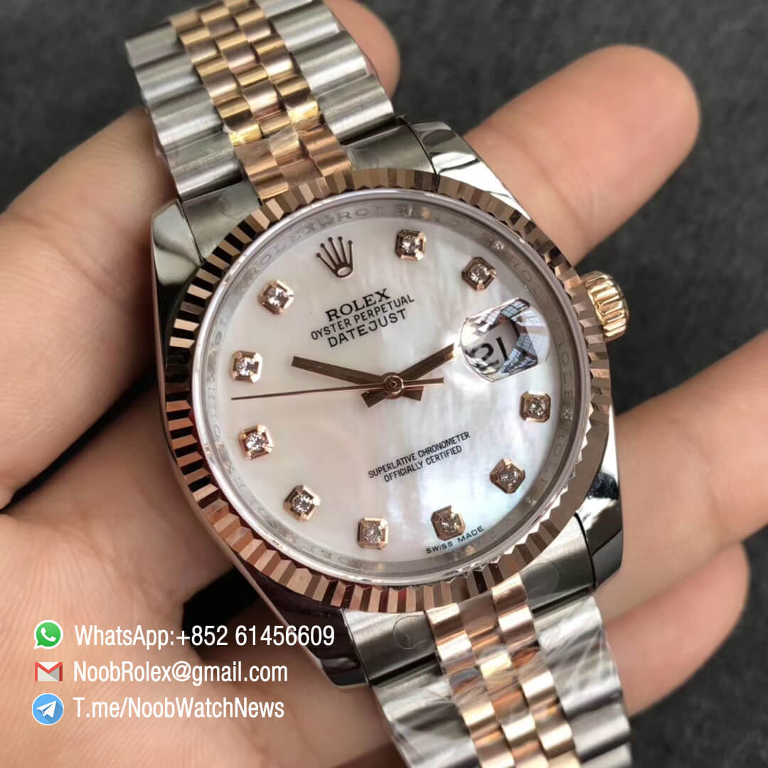 Noob Rolexes DateJust 36 126233 Two Tone 904L Steel 14K Rose Gold Wrapped Jubilee Bracelet MOP Dial Diamonds Index SA3235 GMF Top Replica 02