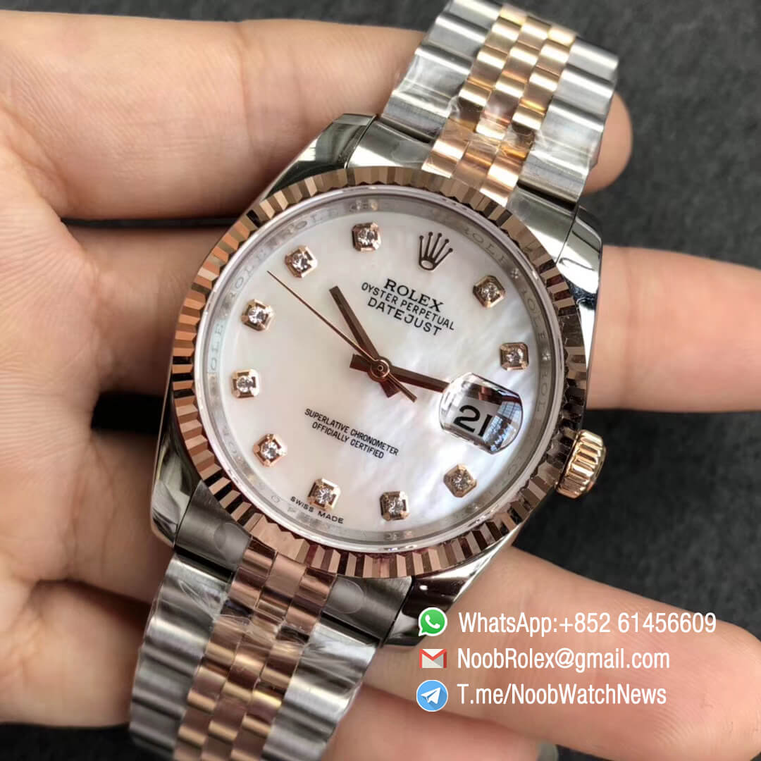 Noob Rolexes DateJust 36 126233 Two Tone 904L Steel 14K Rose Gold Wrapped Jubilee Bracelet MOP Dial Diamonds Index SA3235 GMF Top Replica 03