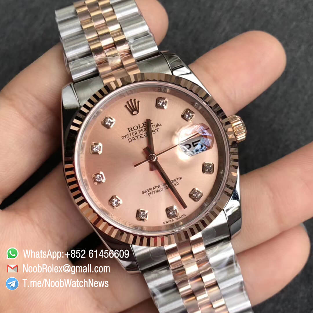 Noob Rolexes DateJust 36 126233 Two Tone 904L Steel 14K Rose Gold Wrapped Jubilee Bracelet Pink Dial Diamonds Index SA3235 GMF Top Replica 02