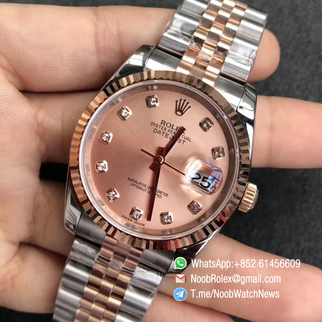 Noob Rolexes DateJust 36 126233 Two Tone 904L Steel 14K Rose Gold Wrapped Jubilee Bracelet Pink Dial Diamonds Index SA3235 GMF Top Replica 03