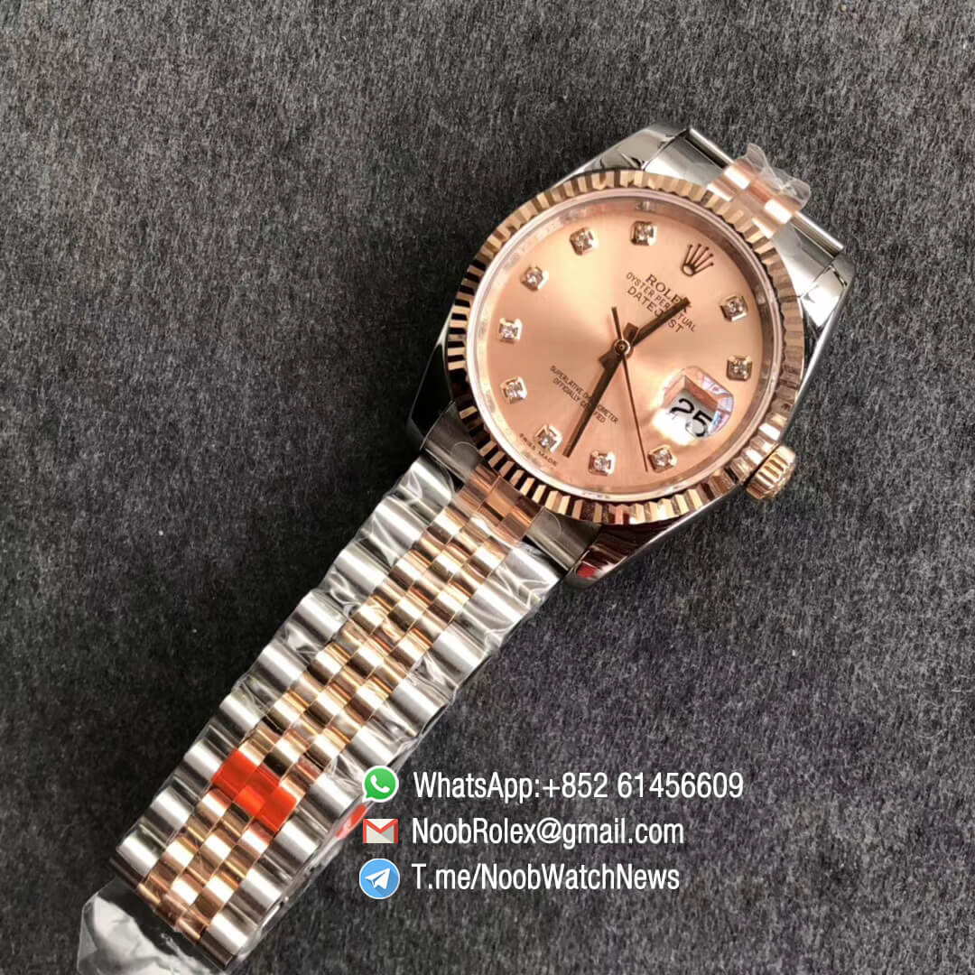 Noob Rolexes DateJust 36 126233 Two Tone 904L Steel 14K Rose Gold Wrapped Jubilee Bracelet Pink Dial Diamonds Index SA3235 GMF Top Replica 09