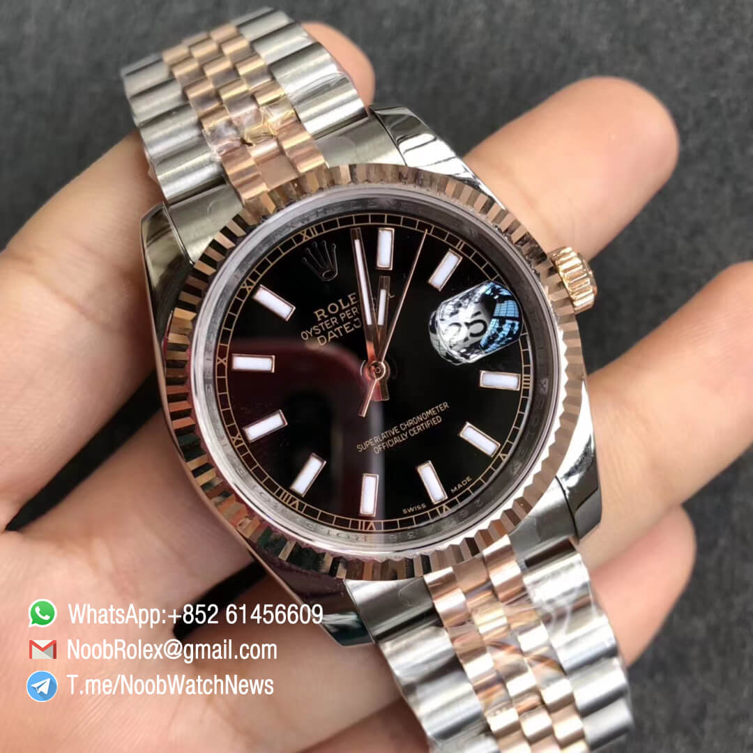 Noob Watch DateJust 36 126233 Two Tone 904L Steel 14K Rose Gold Wrapped Jubilee Bracelet Black Dial Stick Markers SA3235 GMF RepWatch 02