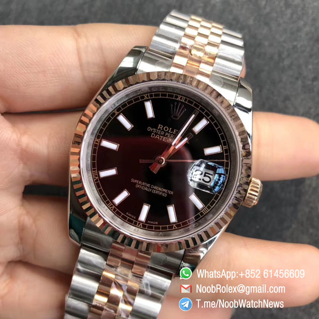 Noob Watch DateJust 36 126233 Two Tone 904L Steel 14K Rose Gold Wrapped Jubilee Bracelet Black Dial Stick Markers SA3235 GMF RepWatch 03