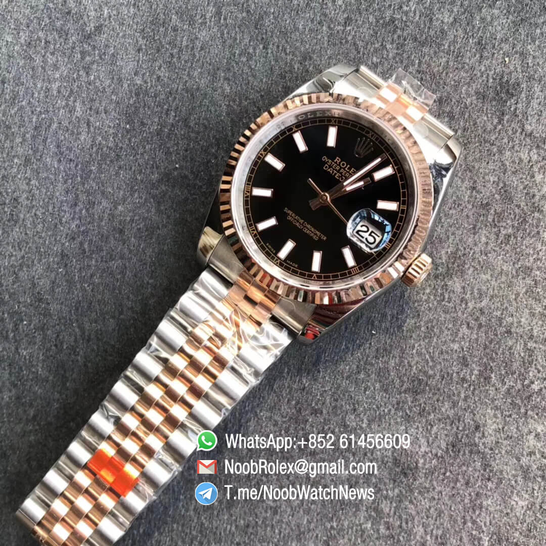 Noob Watch DateJust 36 126233 Two Tone 904L Steel 14K Rose Gold Wrapped Jubilee Bracelet Black Dial Stick Markers SA3235 GMF RepWatch 04