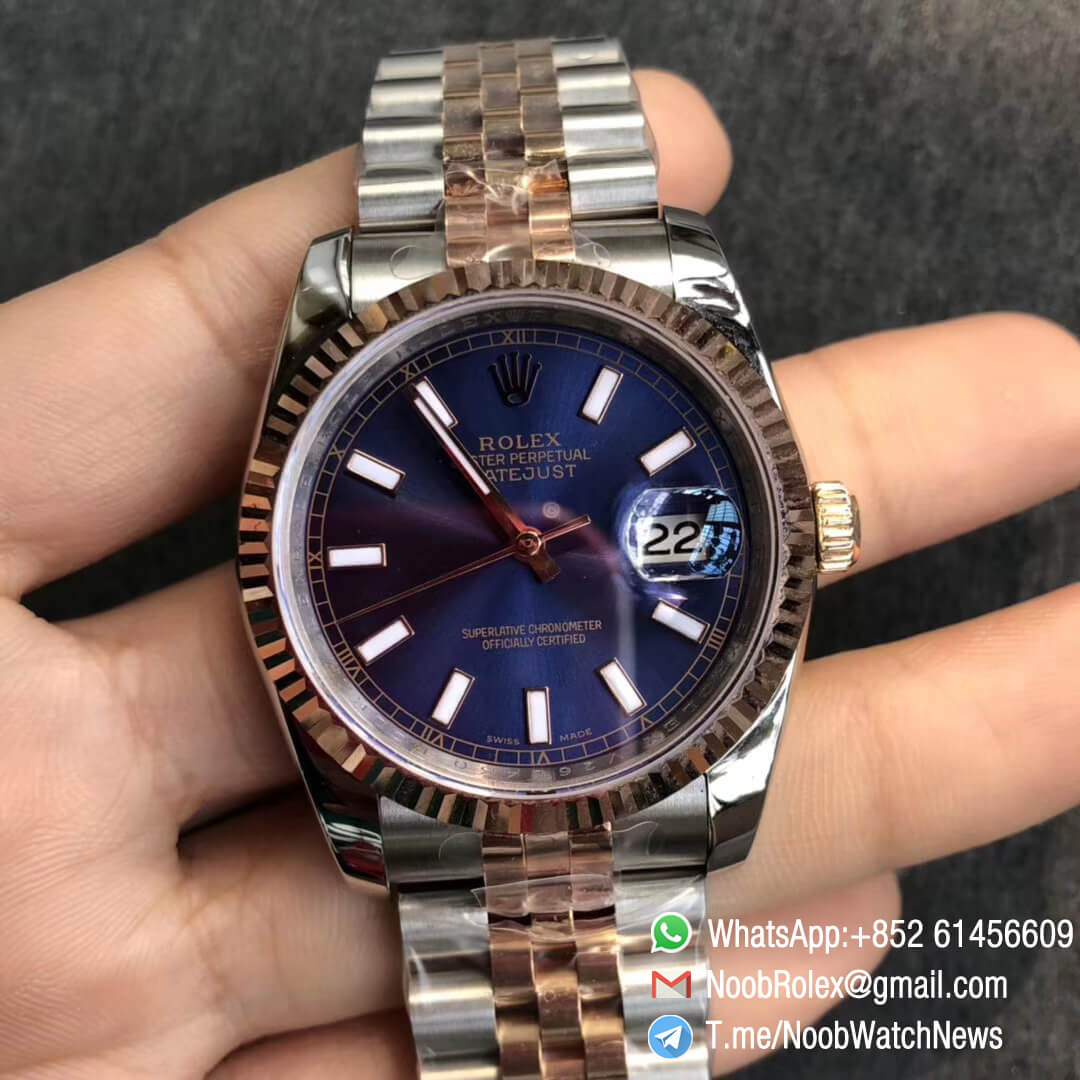 Noob Watch DateJust 36 126233 Two Tone 904L Steel 14K Rose Gold Wrapped Jubilee Bracelet Blue Dial Stick Markers SA3235 GMF Superclone 01