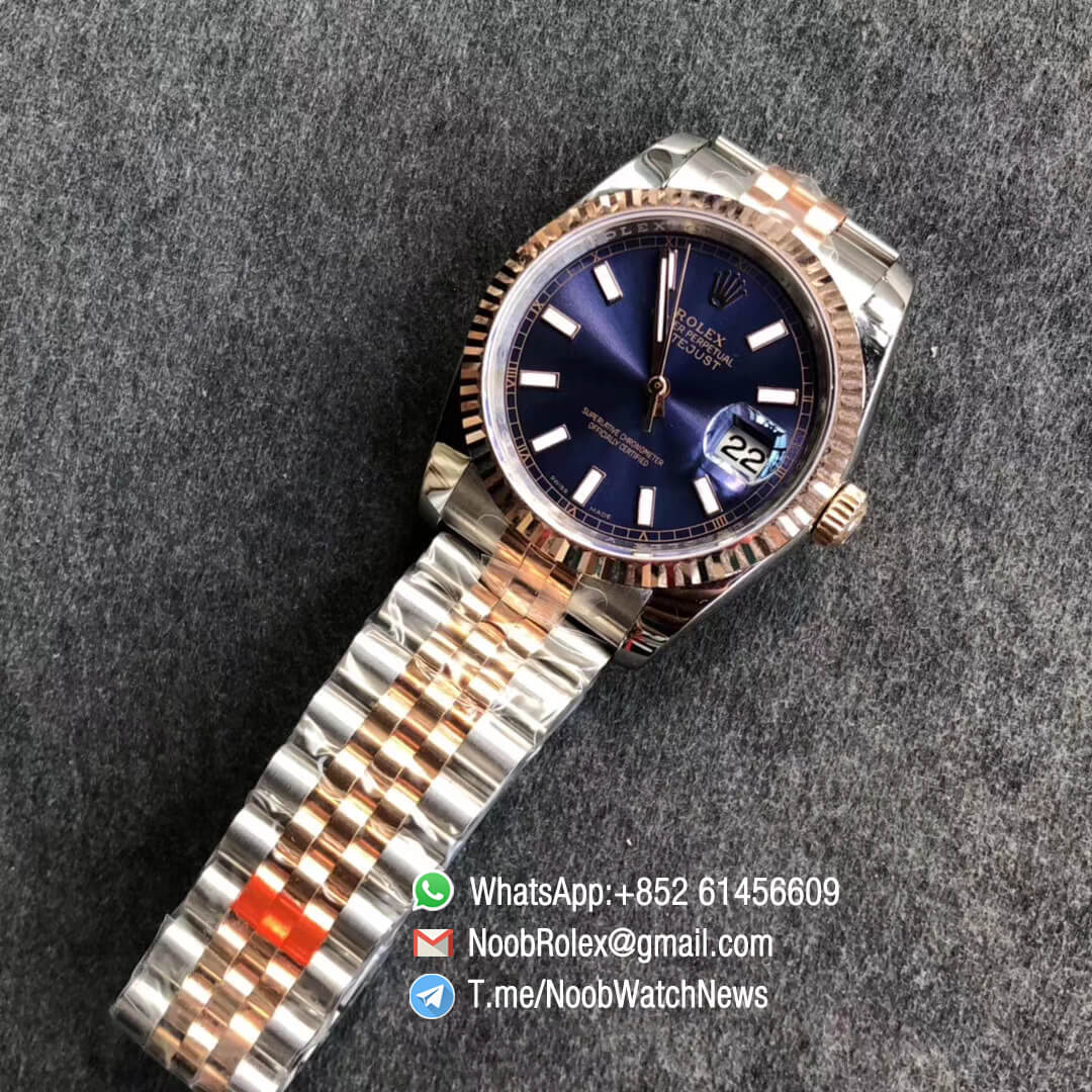 Noob Watch DateJust 36 126233 Two Tone 904L Steel 14K Rose Gold Wrapped Jubilee Bracelet Blue Dial Stick Markers SA3235 GMF Superclone 09