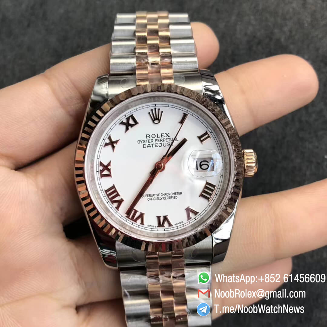 Noob Watch DateJust 36 126233 Two Tone 904L Steel 14K Rose Gold Wrapped Jubilee Bracelet White Dial Roma Index SA3235 GMF RepRolex 01