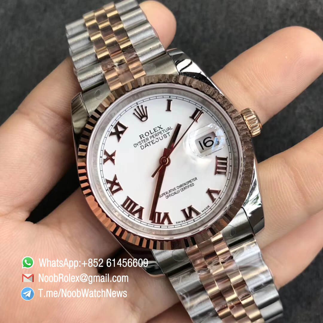 Noob Watch DateJust 36 126233 Two Tone 904L Steel 14K Rose Gold Wrapped Jubilee Bracelet White Dial Roma Index SA3235 GMF RepRolex 02