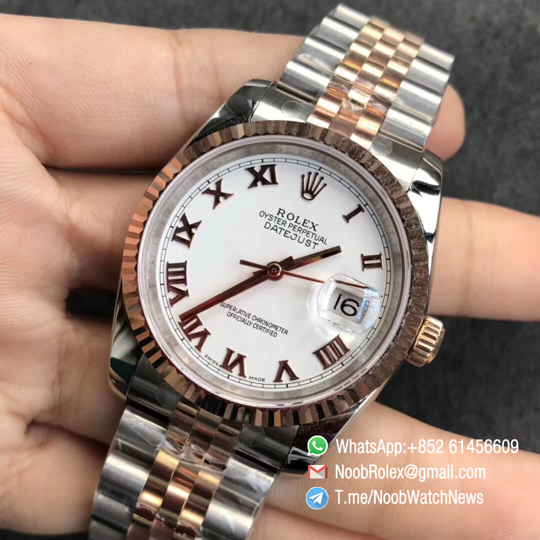 Noob Watch DateJust 36 126233 Two Tone 904L Steel 14K Rose Gold Wrapped Jubilee Bracelet White Dial Roma Index SA3235 GMF RepRolex 03