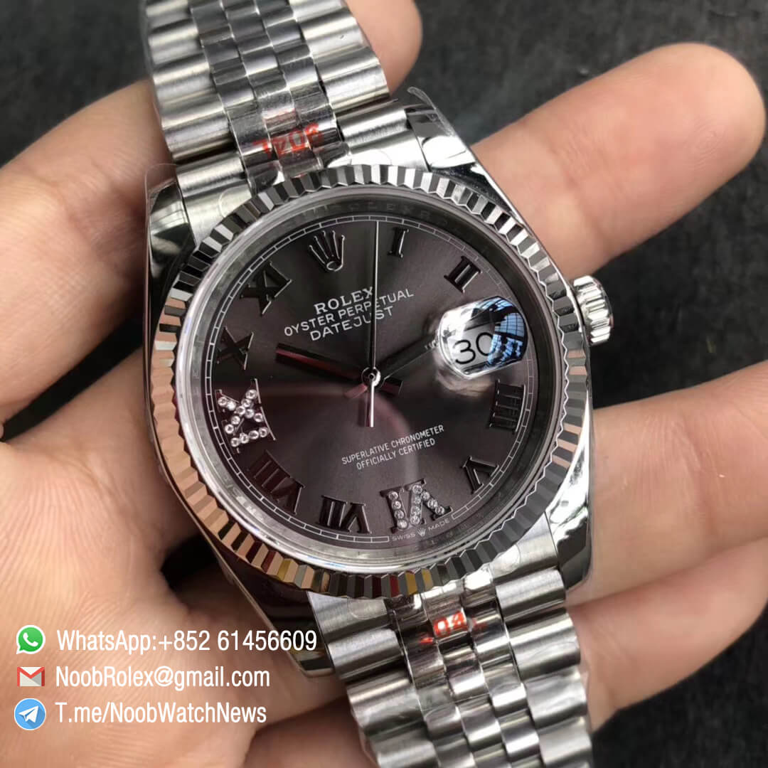 Noob Watch GMF Rolex DateJust 36mm Grey Dial 904L Steel Jubilee Bracelet with Roman VI and IX in Diamonds Indexes Crown logo on the Dial at 6 oclock SA3235 02