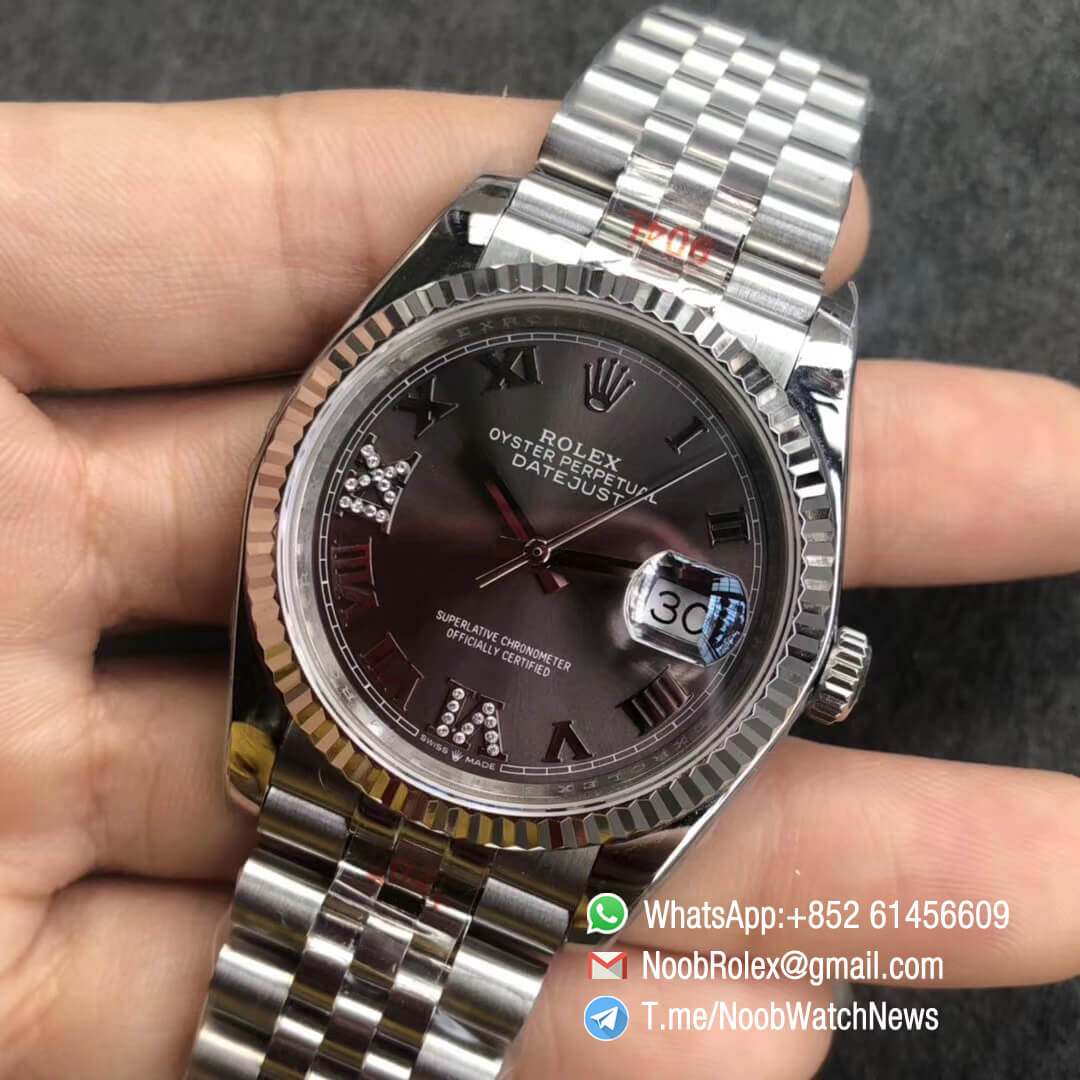 Noob Watch GMF Rolex DateJust 36mm Grey Dial 904L Steel Jubilee Bracelet with Roman VI and IX in Diamonds Indexes Crown logo on the Dial at 6 oclock SA3235 03