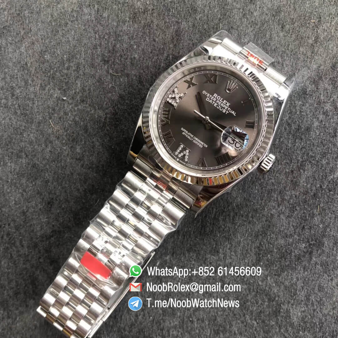 Noob Watch GMF Rolex DateJust 36mm Grey Dial 904L Steel Jubilee Bracelet with Roman VI and IX in Diamonds Indexes Crown logo on the Dial at 6 oclock SA3235 09