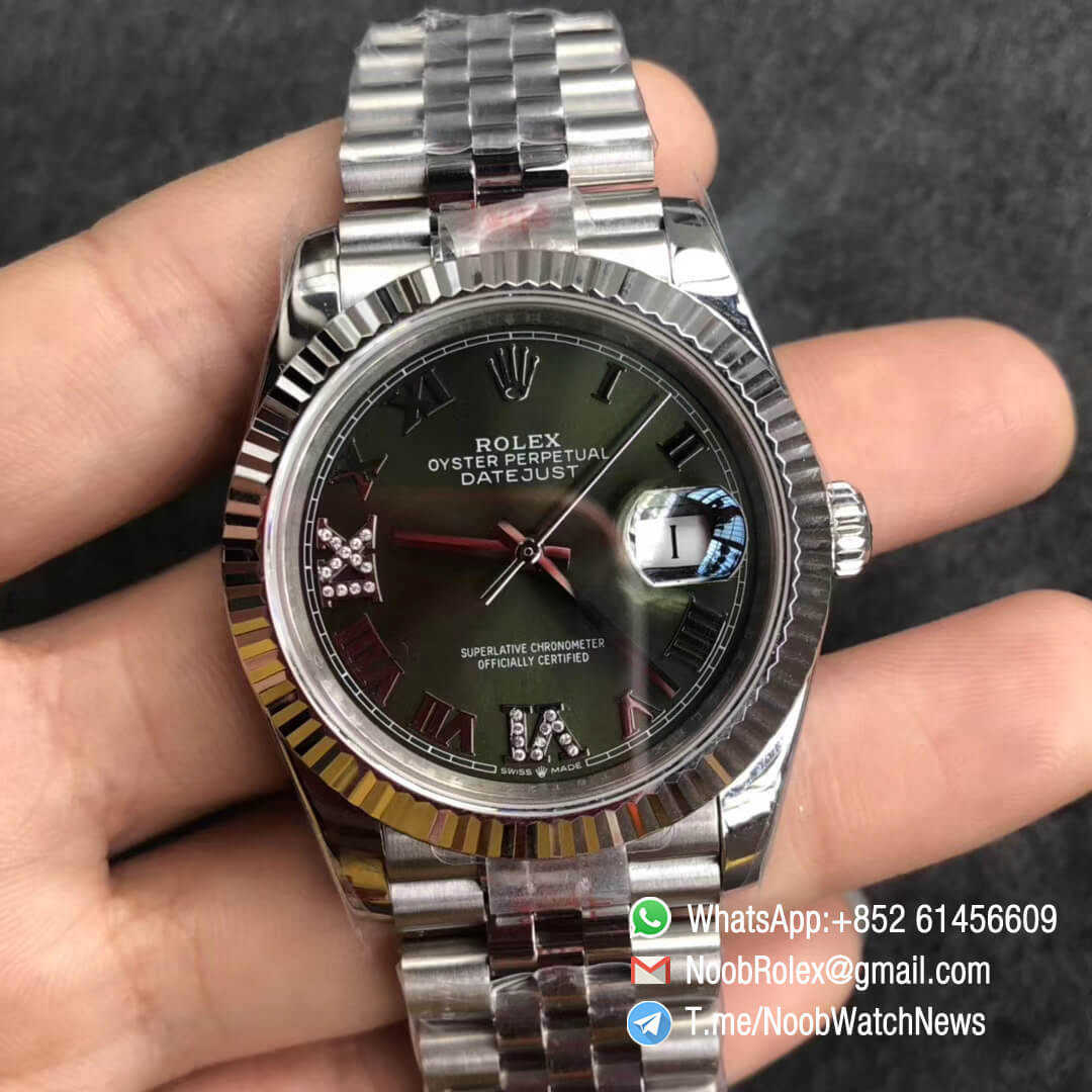 Noob Watch GMF Rolex DateJust 36mm Olive Green Dial 904L Steel Jubilee Bracelet with Roman VI and IX in Diamond Indexes Crown logo on the Dial at 6 oclock SA3235 01 1