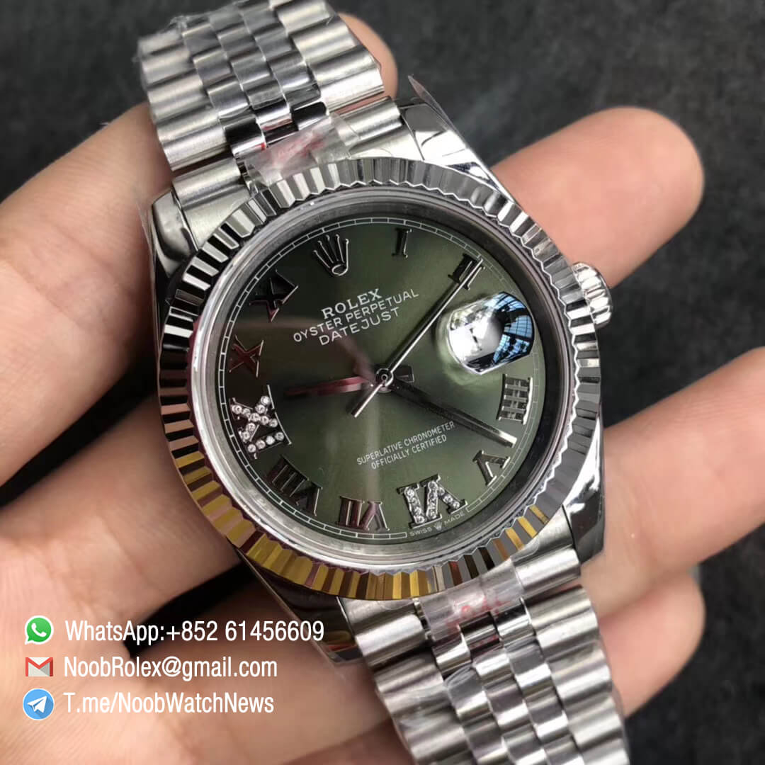 Noob Watch GMF Rolex DateJust 36mm Olive Green Dial 904L Steel Jubilee Bracelet with Roman VI and IX in Diamond Indexes Crown logo on the Dial at 6 oclock SA3235 02 1