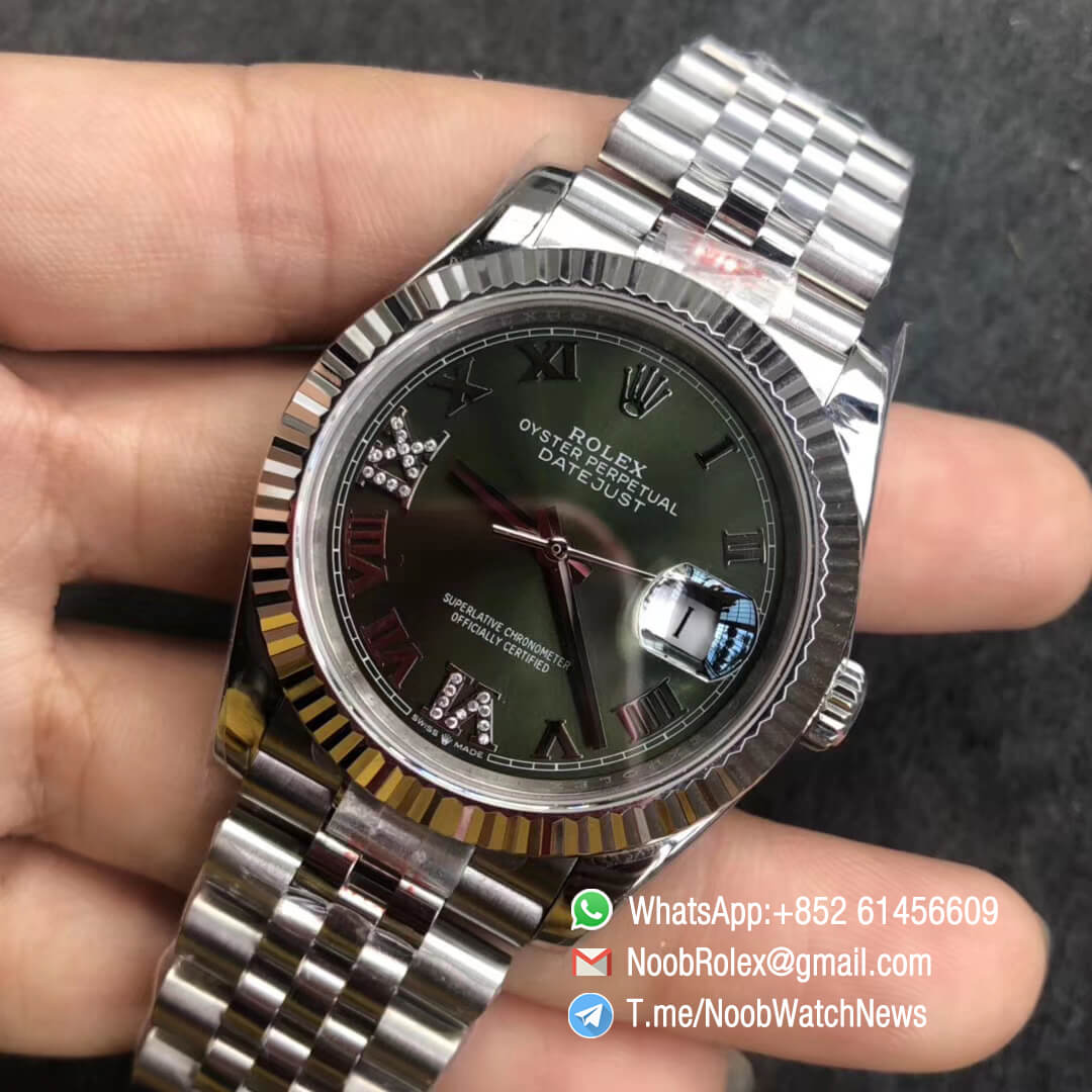 Noob Watch GMF Rolex DateJust 36mm Olive Green Dial 904L Steel Jubilee Bracelet with Roman VI and IX in Diamond Indexes Crown logo on the Dial at 6 oclock SA3235 03 1