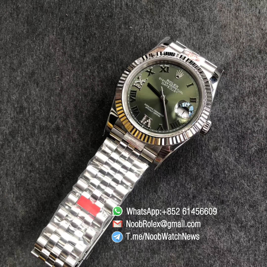 Noob Watch GMF Rolex DateJust 36mm Olive Green Dial 904L Steel Jubilee Bracelet with Roman VI and IX in Diamond Indexes Crown logo on the Dial at 6 oclock SA3235 04 1