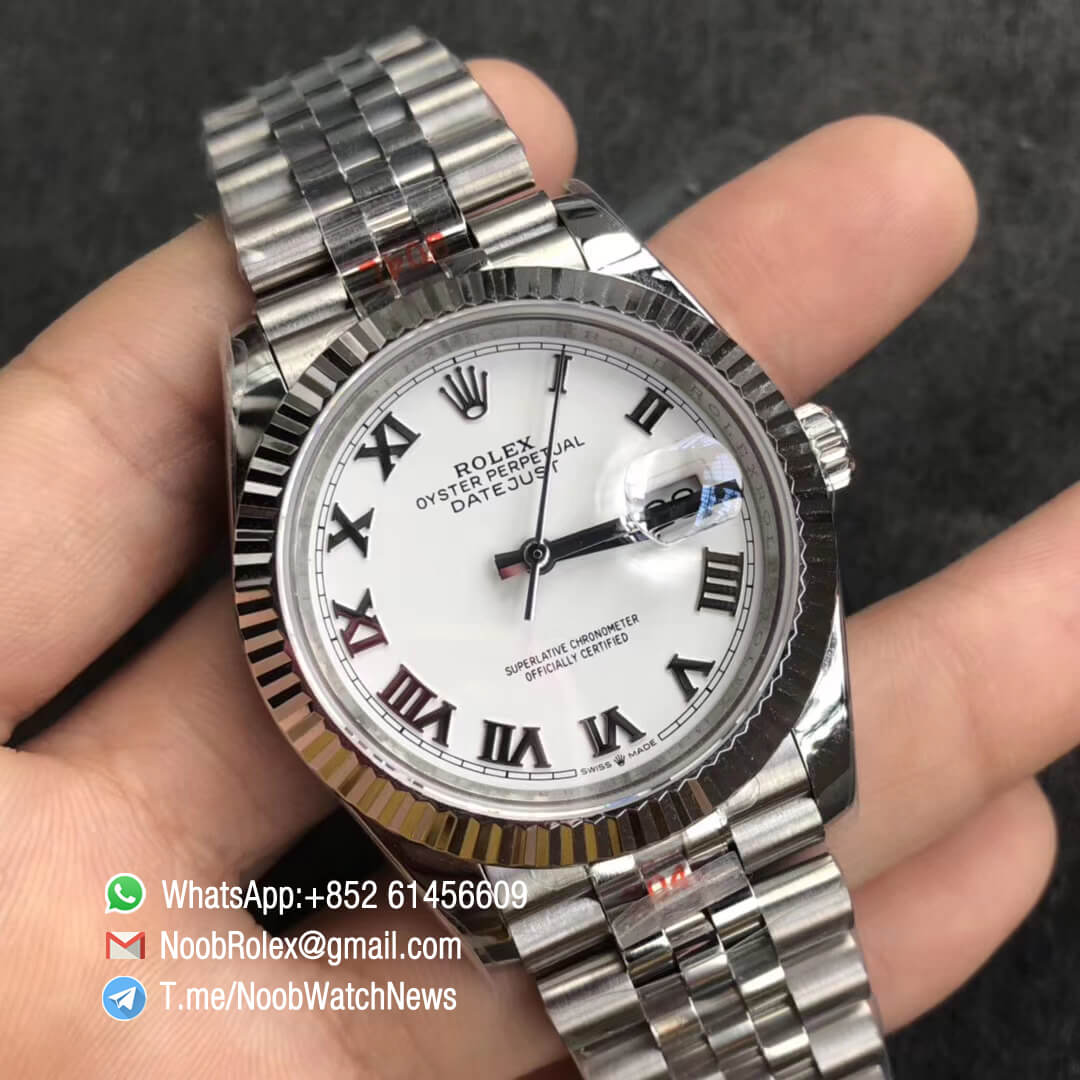 Noob Watch GMF Rolex DateJust 36mm White Dial 904L Steel Jubilee Bracelet with Roman Indexes Crown logo on the Dial at 6 oclock SA3235 02