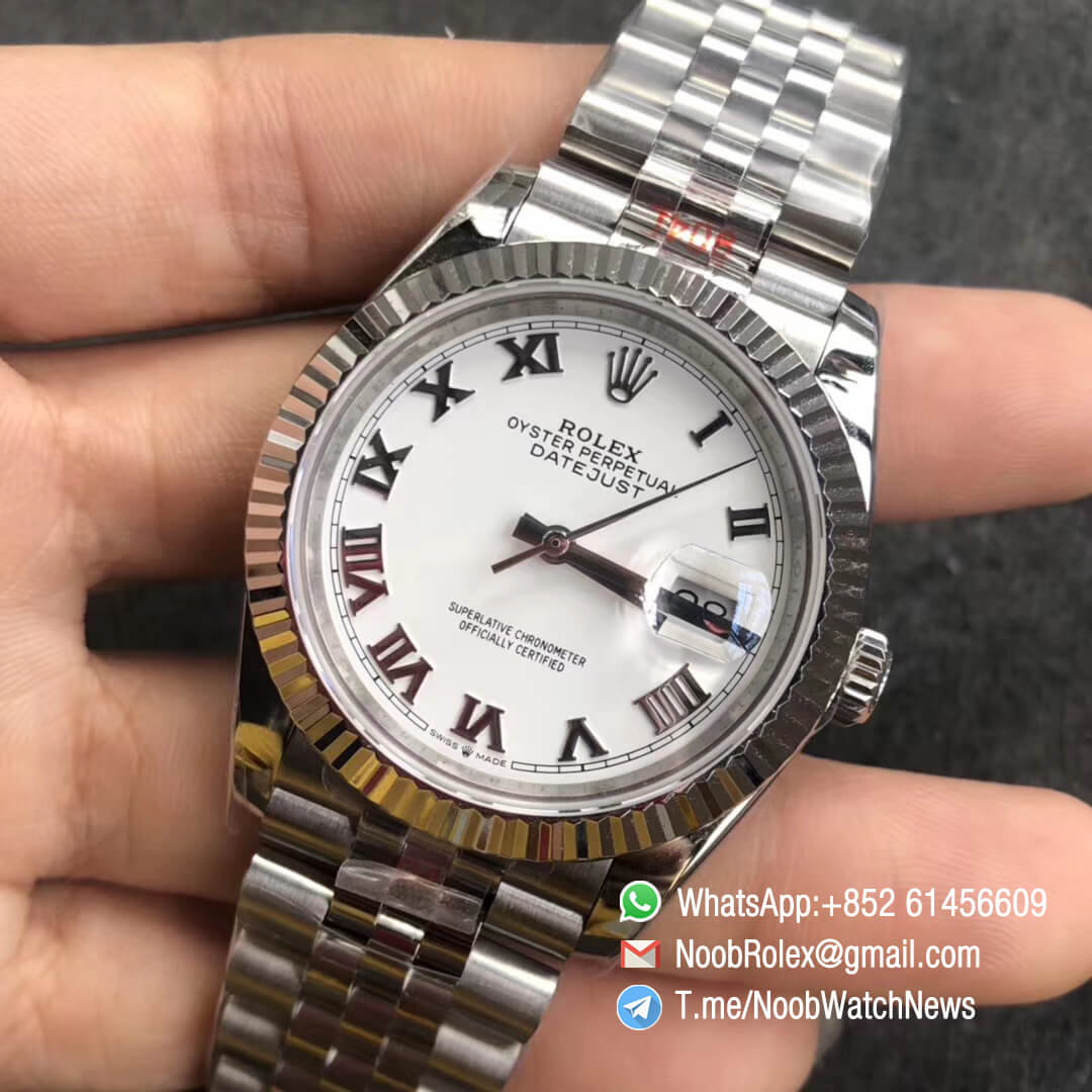 Noob Watch GMF Rolex DateJust 36mm White Dial 904L Steel Jubilee Bracelet with Roman Indexes Crown logo on the Dial at 6 oclock SA3235 03