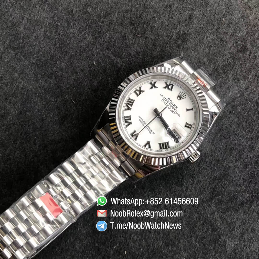 Noob Watch GMF Rolex DateJust 36mm White Dial 904L Steel Jubilee Bracelet with Roman Indexes Crown logo on the Dial at 6 oclock SA3235 09