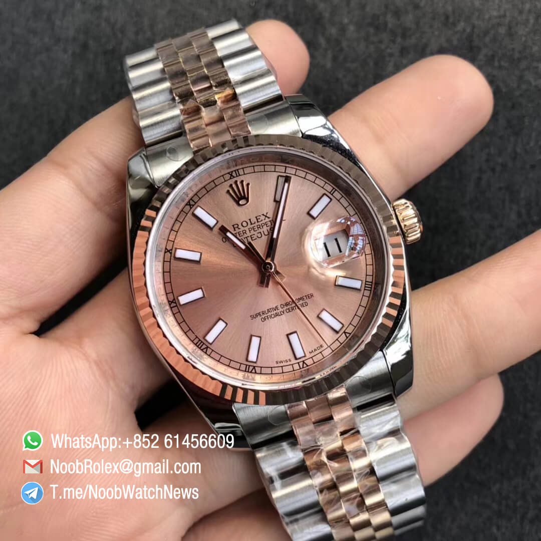 Noob Watch RepRolex DateJust 36 126233 Two Tone 904L Steel 14K Rose Gold Wrapped Pink Dial Stick Markers on Jubilee Bracelet SA3235 GMF Superclone 02