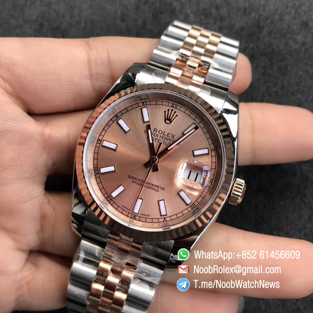 Noob Watch RepRolex DateJust 36 126233 Two Tone 904L Steel 14K Rose Gold Wrapped Pink Dial Stick Markers on Jubilee Bracelet SA3235 GMF Superclone 03