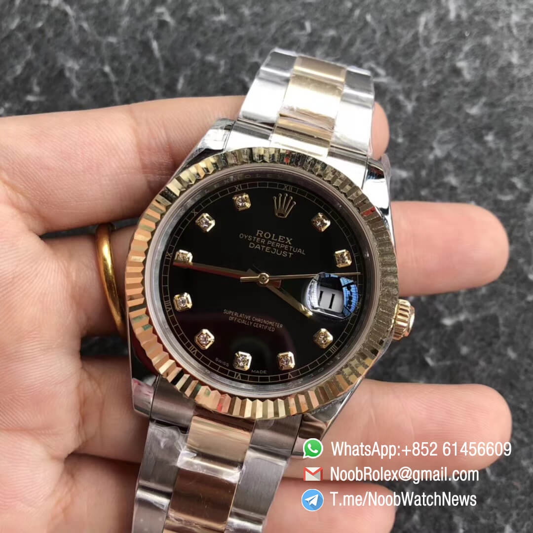 Noob Watch Time GMF Super Clone DateJust 126333 41mm Black Dial with Diamonds 18K Yellow Gold Bezel Oystersteel and 18K Yellow Gold Bracelet SA3235 03