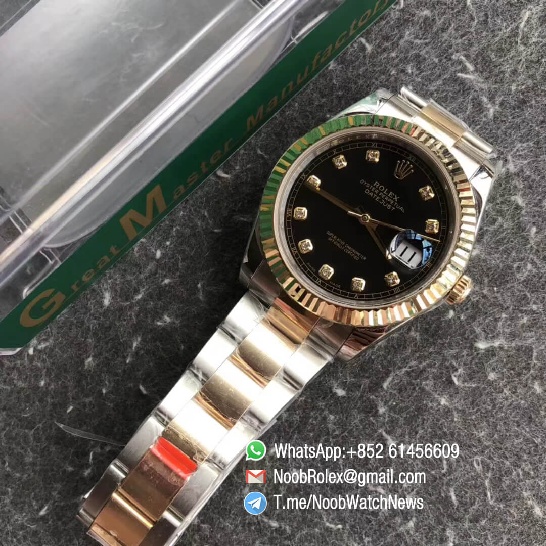 Noob Watch Time GMF Super Clone DateJust 126333 41mm Black Dial with Diamonds 18K Yellow Gold Bezel Oystersteel and 18K Yellow Gold Bracelet SA3235 04