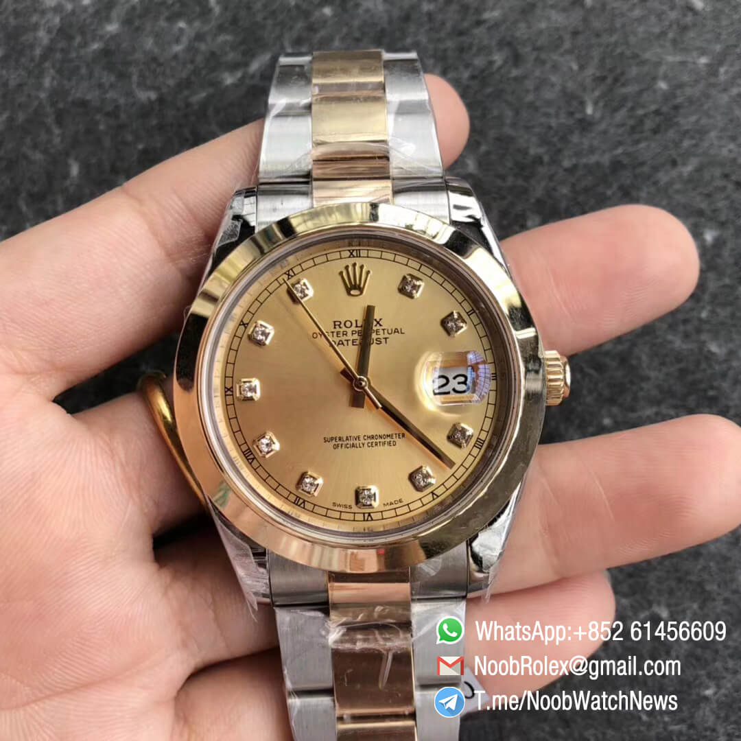 Noob Watch Time GMF Superclone DateJust 126303 41mm 18K Yellow Gold Smooth Bezel Yellow Gold Dial with Diamonds Oystersteel and 18K Yellow Gold Bracelet SA3235 01