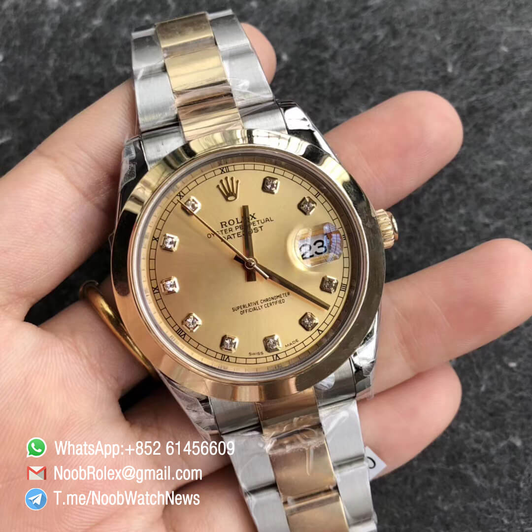 Noob Watch Time GMF Superclone DateJust 126303 41mm 18K Yellow Gold Smooth Bezel Yellow Gold Dial with Diamonds Oystersteel and 18K Yellow Gold Bracelet SA3235 02