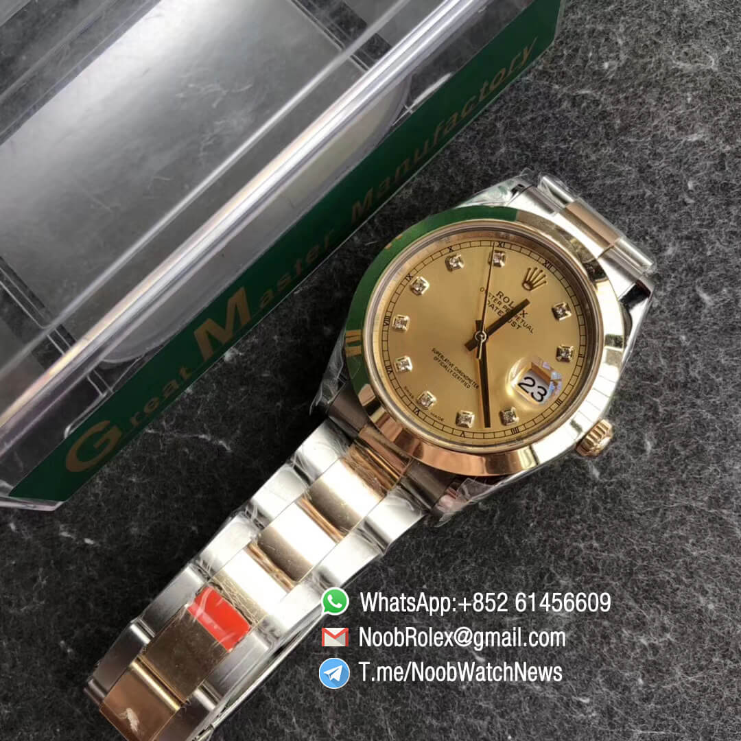 Noob Watch Time GMF Superclone DateJust 126303 41mm 18K Yellow Gold Smooth Bezel Yellow Gold Dial with Diamonds Oystersteel and 18K Yellow Gold Bracelet SA3235 09